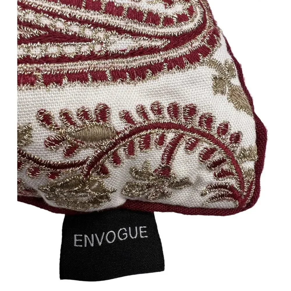 Throw Pillow Rectangular Ivory Red Embroidered Linen Blend by Envogue 13X24